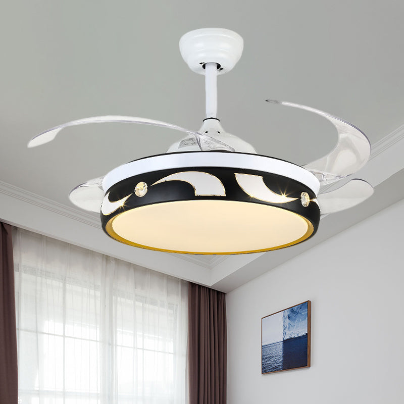 42.5" W Drum Pendant Fan Lamp Modernist Acrylic Black-White 4-Blade LED Semi Flush Ceiling Light with Sun and Moon Pattern Clearhalo 'Ceiling Fans with Lights' 'Ceiling Fans' 'Modern Ceiling Fans' 'Modern' Lighting' 1290076