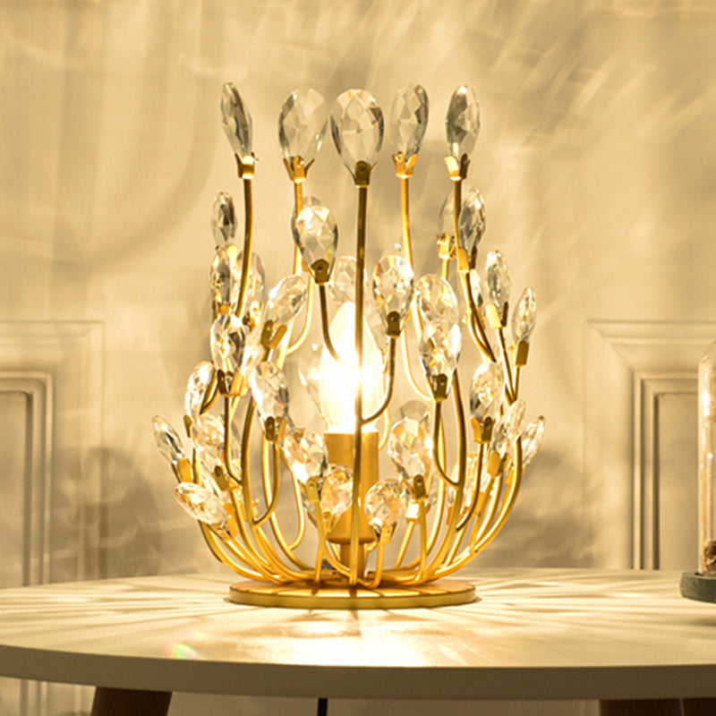 1 Head Table Lamp with Swirled Arm Crystal Teardrops Contemporary Bedchamber Night Light in Gold Gold Clearhalo 'Lamps' 'Table Lamps' Lighting' 1290119