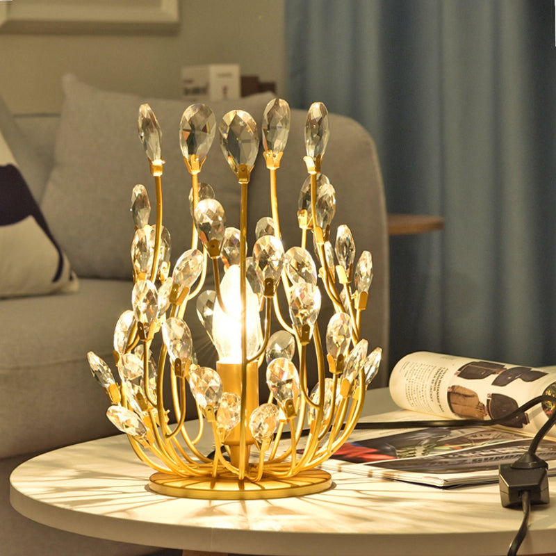 1 Head Table Lamp with Swirled Arm Crystal Teardrops Contemporary Bedchamber Night Light in Gold Clearhalo 'Lamps' 'Table Lamps' Lighting' 1290120