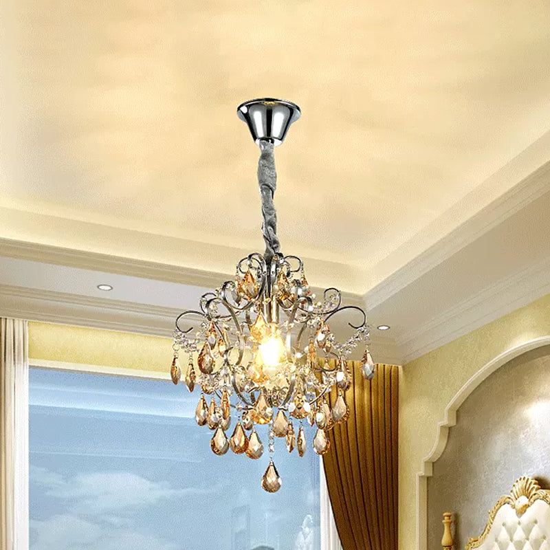 Crystal Teardrops Swirling Arm Hanging Light Modern 1 Head Dinning Hall Suspension Pendant in Silver Silver Clearhalo 'Ceiling Lights' 'Modern Pendants' 'Modern' 'Pendant Lights' 'Pendants' Lighting' 1290151