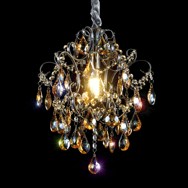 Crystal Teardrops Swirling Arm Hanging Light Modern 1 Head Dinning Hall Suspension Pendant in Silver Clearhalo 'Ceiling Lights' 'Modern Pendants' 'Modern' 'Pendant Lights' 'Pendants' Lighting' 1290153