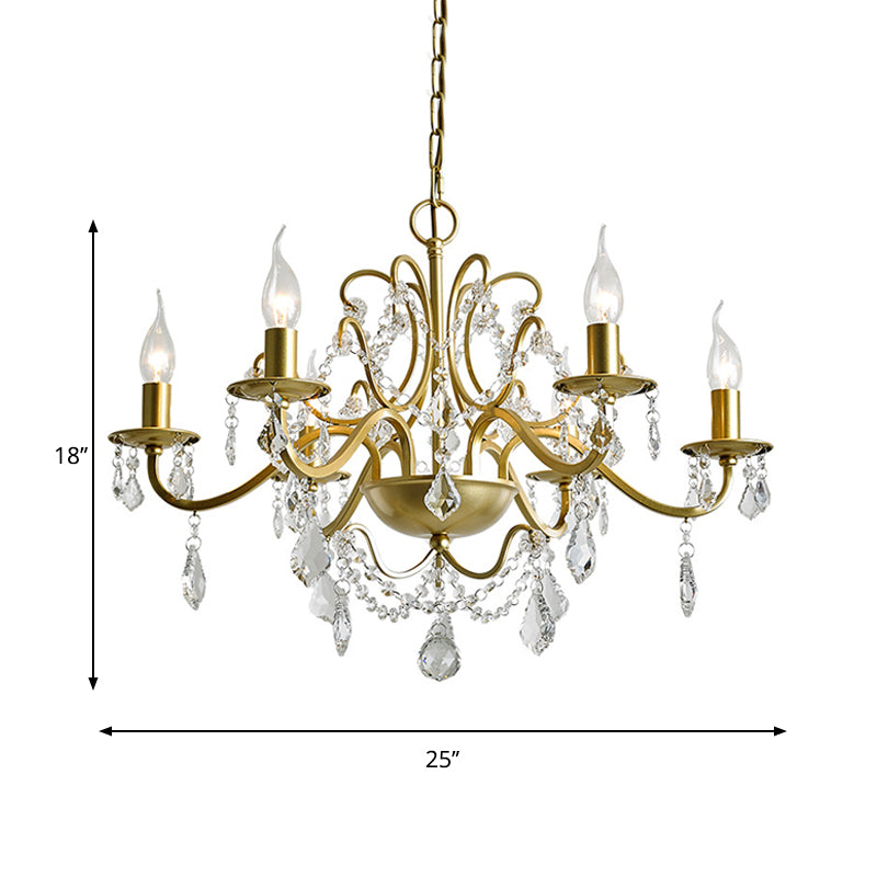 6 Heads Hanging Chandelier Traditional Candelabra Crystal Water Drops Suspended Lamp in Gold Clearhalo 'Ceiling Lights' 'Chandeliers' Lighting' options 1290174