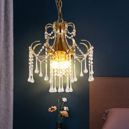 Curvy Arm Crystal Beads Ceiling Pendant Modern 3 Bulbs Bedchamber Chandelier Lamp in Gold Gold Clearhalo 'Ceiling Lights' 'Chandeliers' 'Modern Chandeliers' 'Modern' Lighting' 1290183