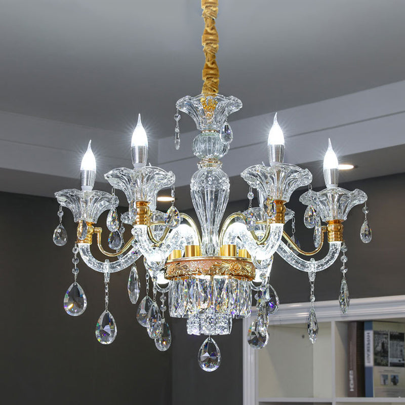 Clear Crystal Gold Suspension Lamp Candlestick 6 Heads Traditional Chandelier Lighting for Hall Clearhalo 'Ceiling Lights' 'Chandeliers' Lighting' options 1290211