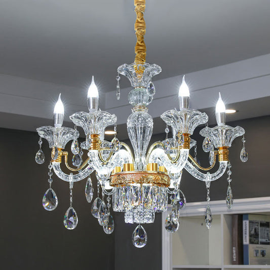 Clear Crystal Gold Suspension Lamp Candlestick 6 Heads Traditional Chandelier Lighting for Hall Clearhalo 'Ceiling Lights' 'Chandeliers' Lighting' options 1290211