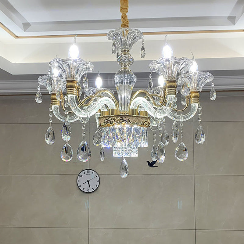 Clear Crystal Gold Suspension Lamp Candlestick 6 Heads Traditional Chandelier Lighting for Hall Clearhalo 'Ceiling Lights' 'Chandeliers' Lighting' options 1290212