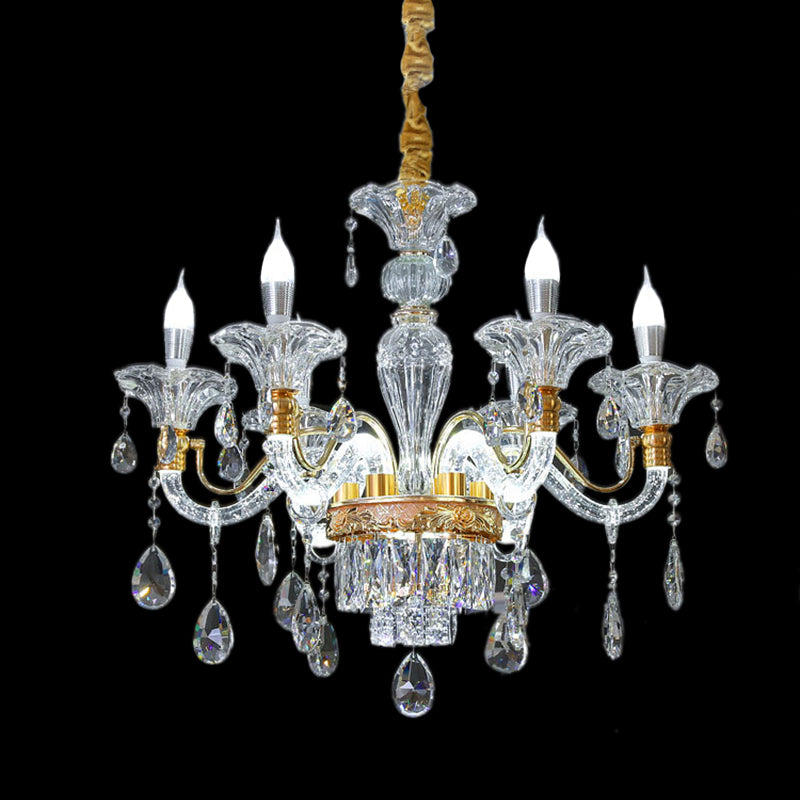 Clear Crystal Gold Suspension Lamp Candlestick 6 Heads Traditional Chandelier Lighting for Hall Clearhalo 'Ceiling Lights' 'Chandeliers' Lighting' options 1290213