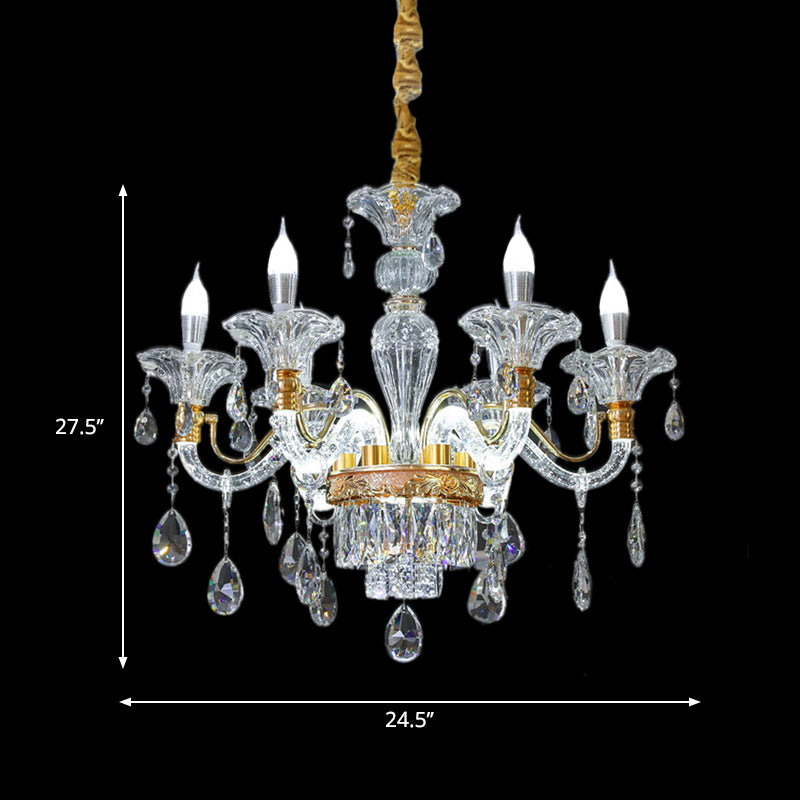 Clear Crystal Gold Suspension Lamp Candlestick 6 Heads Traditional Chandelier Lighting for Hall Clearhalo 'Ceiling Lights' 'Chandeliers' Lighting' options 1290214