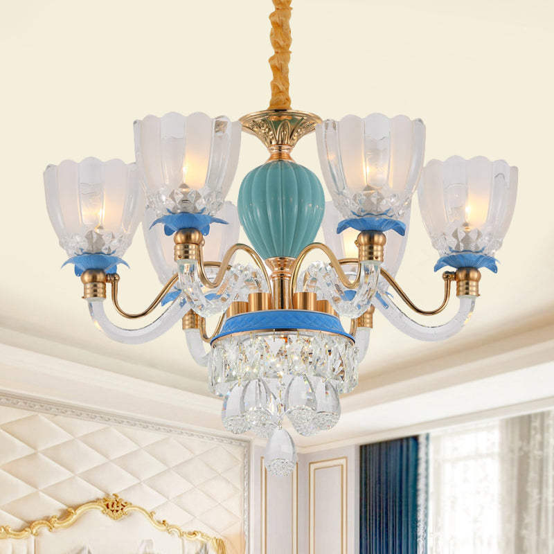 6 Heads Floral Shaped Chandelier Lamp Traditional Blue Crystal Suspension Pendant Clearhalo 'Ceiling Lights' 'Chandeliers' Lighting' options 1290220