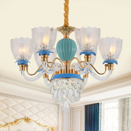 6 Heads Floral Shaped Chandelier Lamp Traditional Blue Crystal Suspension Pendant Clearhalo 'Ceiling Lights' 'Chandeliers' Lighting' options 1290220