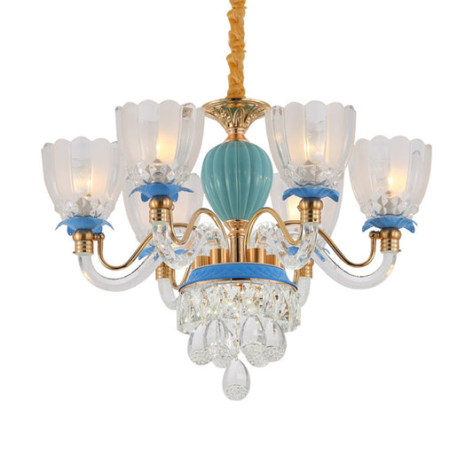 6 Heads Floral Shaped Chandelier Lamp Traditional Blue Crystal Suspension Pendant Clearhalo 'Ceiling Lights' 'Chandeliers' Lighting' options 1290221