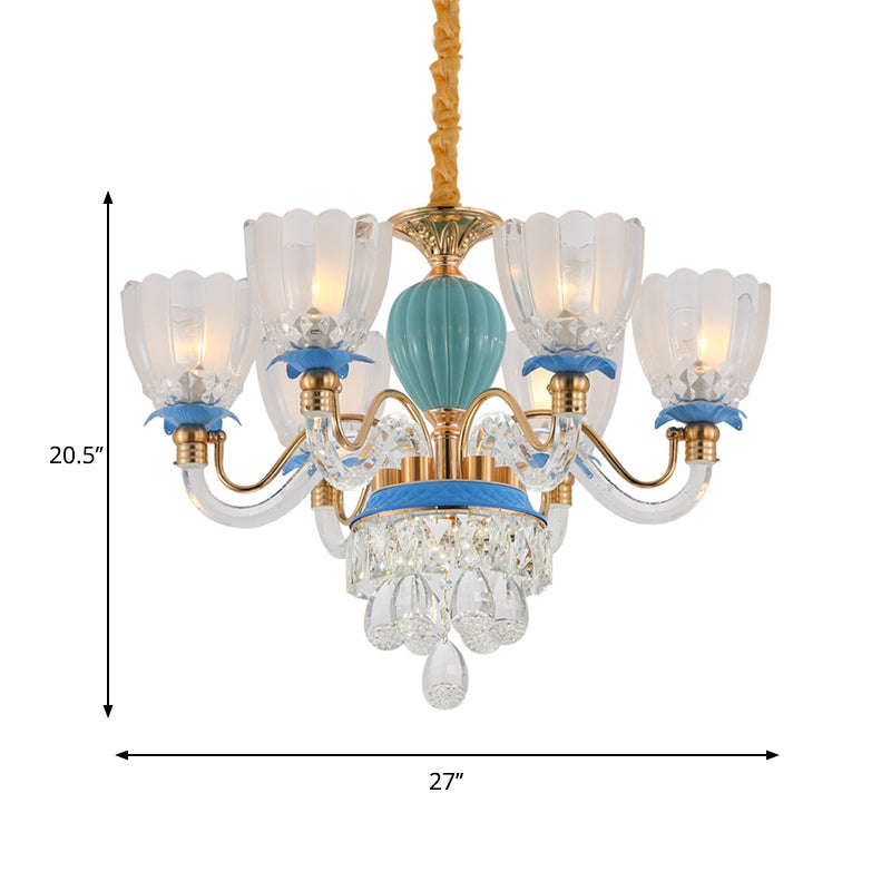 6 Heads Floral Shaped Chandelier Lamp Traditional Blue Crystal Suspension Pendant Clearhalo 'Ceiling Lights' 'Chandeliers' Lighting' options 1290222