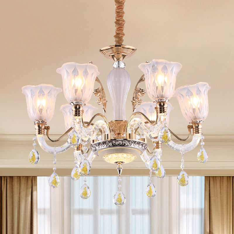 Flower Crystal Water Drops Hanging Light Kit Traditional 6 Bulbs Dinning Room Chandelier in Gold Gold Clearhalo 'Ceiling Lights' 'Chandeliers' Lighting' options 1290223_b17a2e6c-4312-44ca-ad11-3940bf5a38b7