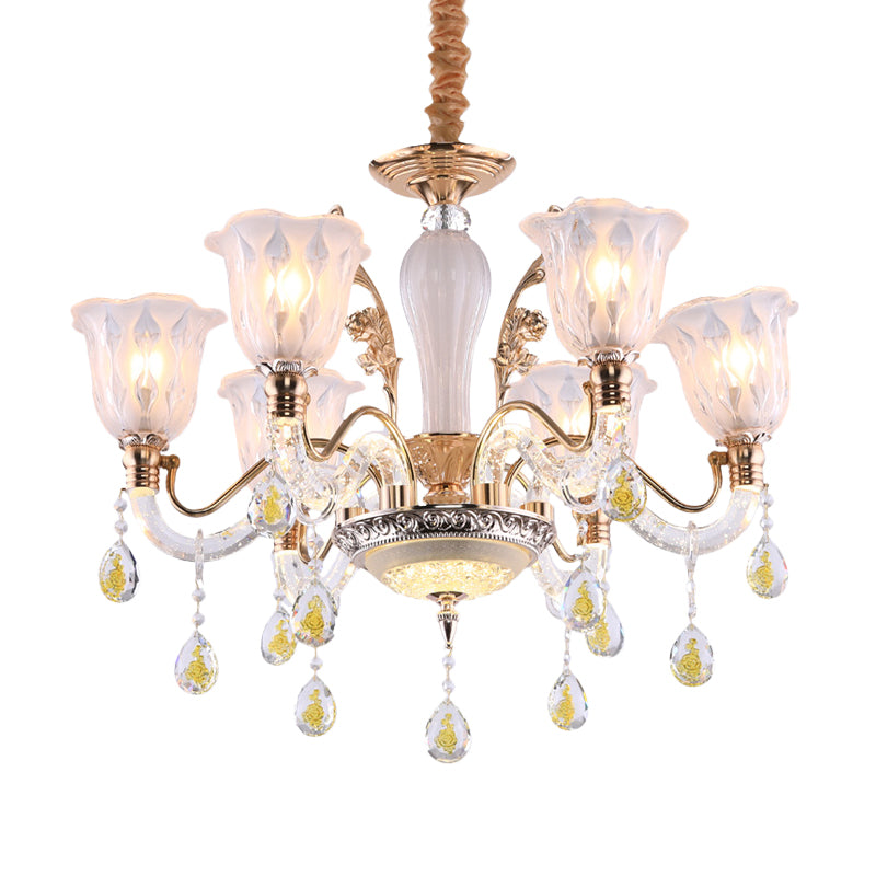 Flower Crystal Water Drops Hanging Light Kit Traditional 6 Bulbs Dinning Room Chandelier in Gold Clearhalo 'Ceiling Lights' 'Chandeliers' Lighting' options 1290225