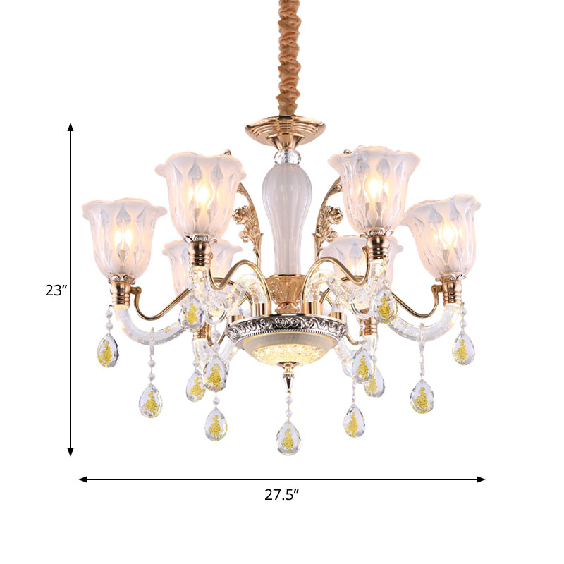 Flower Crystal Water Drops Hanging Light Kit Traditional 6 Bulbs Dinning Room Chandelier in Gold Clearhalo 'Ceiling Lights' 'Chandeliers' Lighting' options 1290226