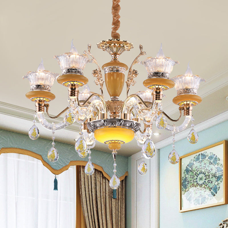 Yellow Candle Chandelier Traditional Crystal Drops 6 Heads Dinning Hall Ceiling Suspension Lamp Yellow Clearhalo 'Ceiling Lights' 'Chandeliers' Lighting' options 1290227_c45dd8ed-6801-4b3a-9286-661c2294eee1