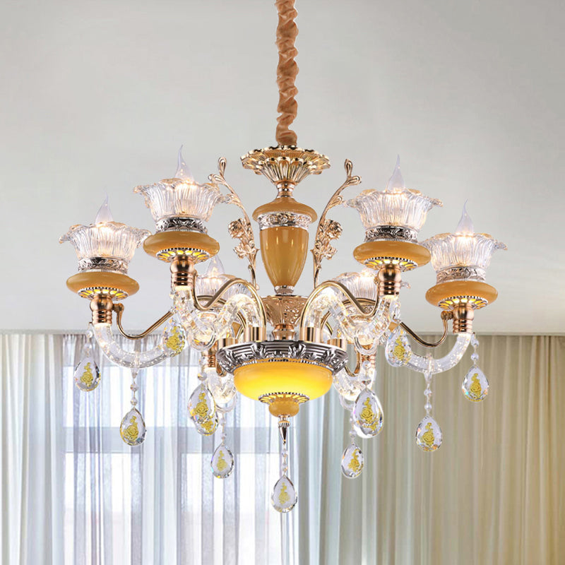 Yellow Candle Chandelier Traditional Crystal Drops 6 Heads Dinning Hall Ceiling Suspension Lamp Clearhalo 'Ceiling Lights' 'Chandeliers' Lighting' options 1290228