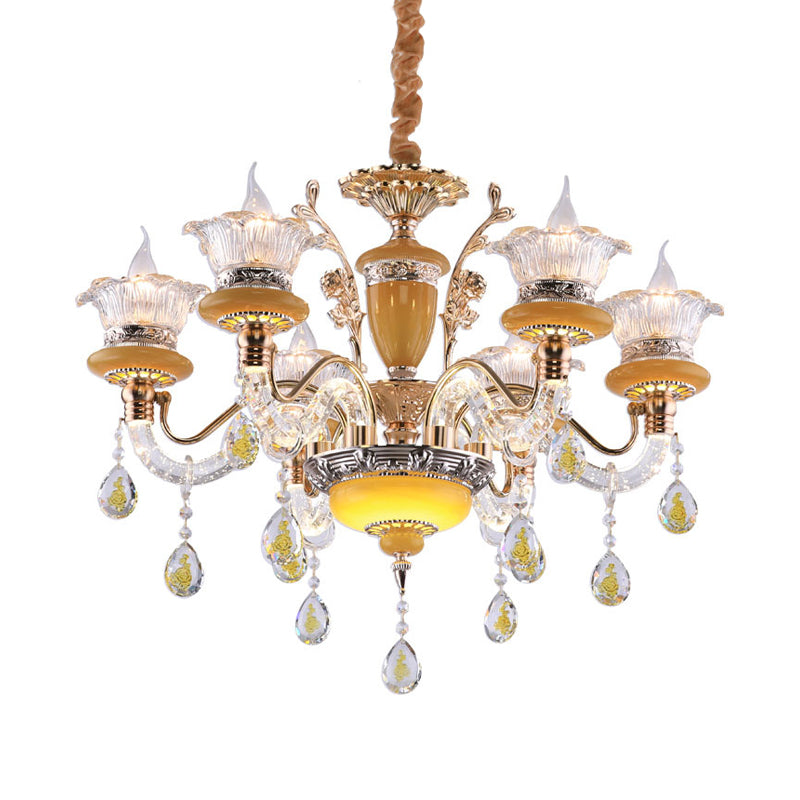 Yellow Candle Chandelier Traditional Crystal Drops 6 Heads Dinning Hall Ceiling Suspension Lamp Clearhalo 'Ceiling Lights' 'Chandeliers' Lighting' options 1290229