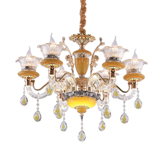 Yellow Candle Chandelier Traditional Crystal Drops 6 Heads Dinning Hall Ceiling Suspension Lamp Clearhalo 'Ceiling Lights' 'Chandeliers' Lighting' options 1290229