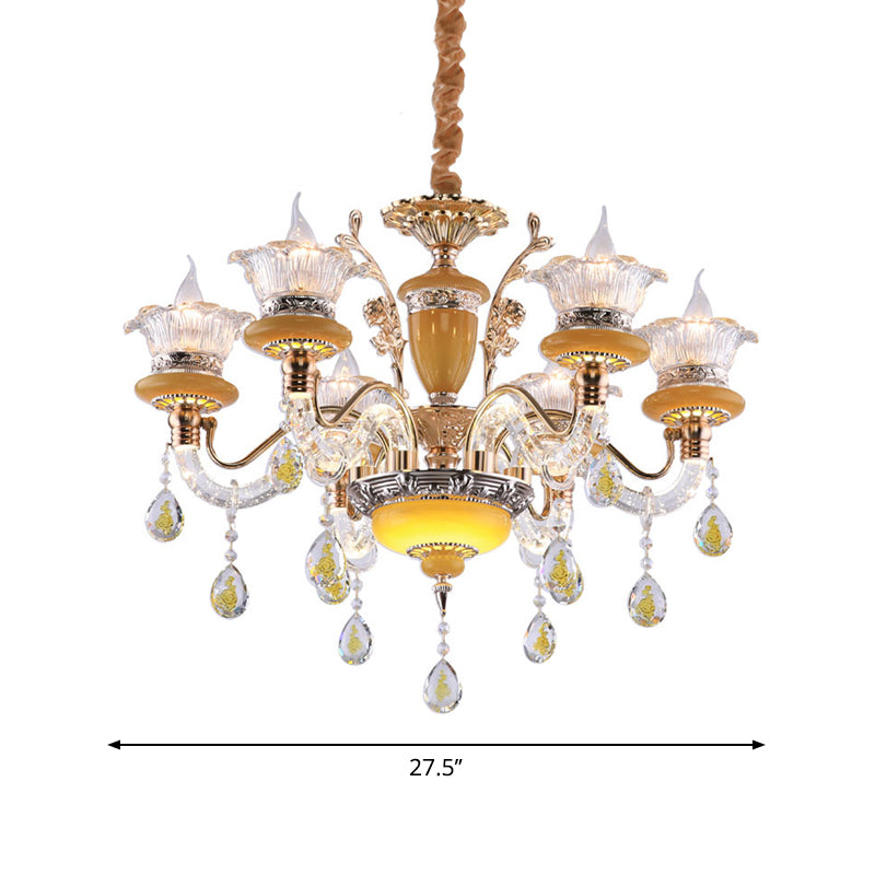 Yellow Candle Chandelier Traditional Crystal Drops 6 Heads Dinning Hall Ceiling Suspension Lamp Clearhalo 'Ceiling Lights' 'Chandeliers' Lighting' options 1290230