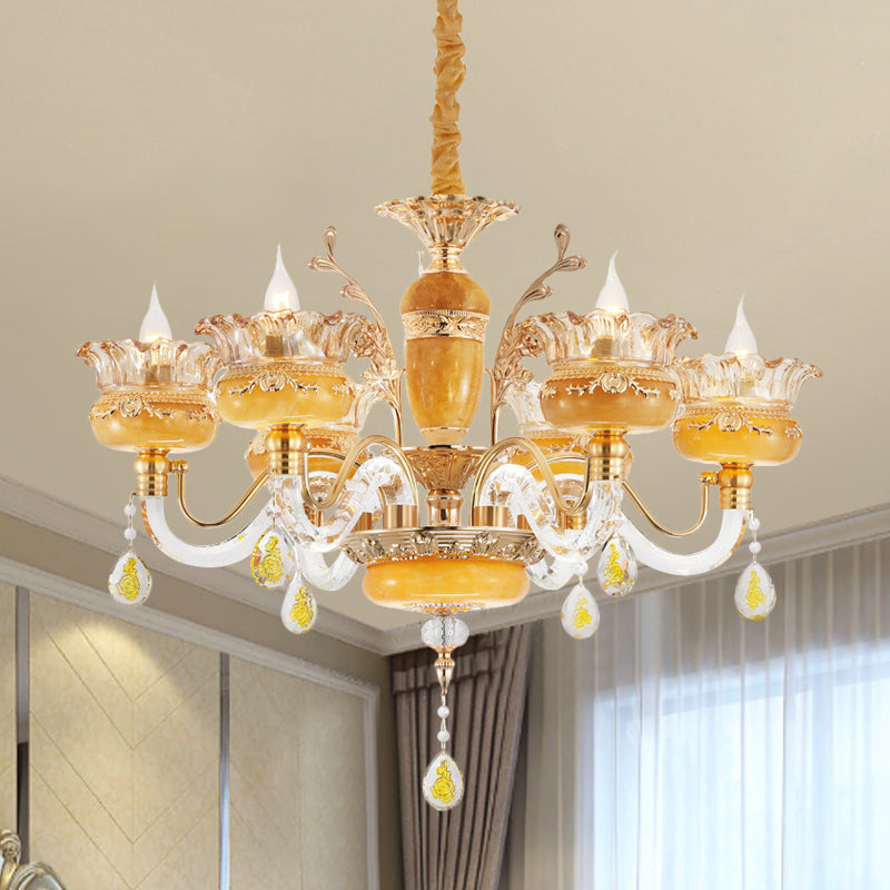 Candelabra Dinning Room Pendant Traditional Crystal Raindrops 6 Bulbs Yellow Chandelier Clearhalo 'Ceiling Lights' 'Chandeliers' Lighting' options 1290231