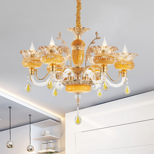 Candelabra Dinning Room Pendant Traditional Crystal Raindrops 6 Bulbs Yellow Chandelier Clearhalo 'Ceiling Lights' 'Chandeliers' Lighting' options 1290232