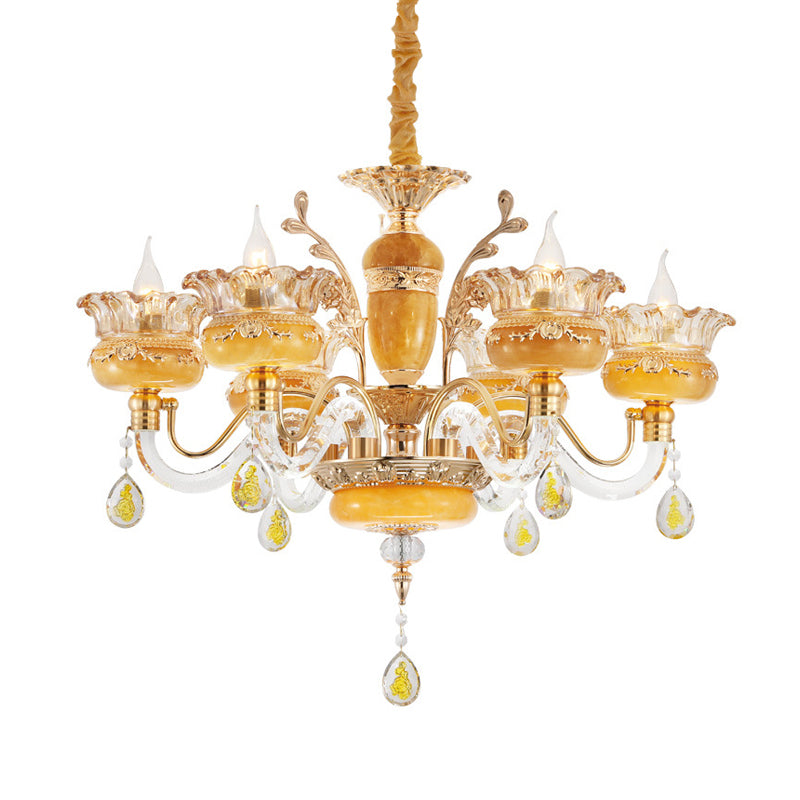 Candelabra Dinning Room Pendant Traditional Crystal Raindrops 6 Bulbs Yellow Chandelier Clearhalo 'Ceiling Lights' 'Chandeliers' Lighting' options 1290233