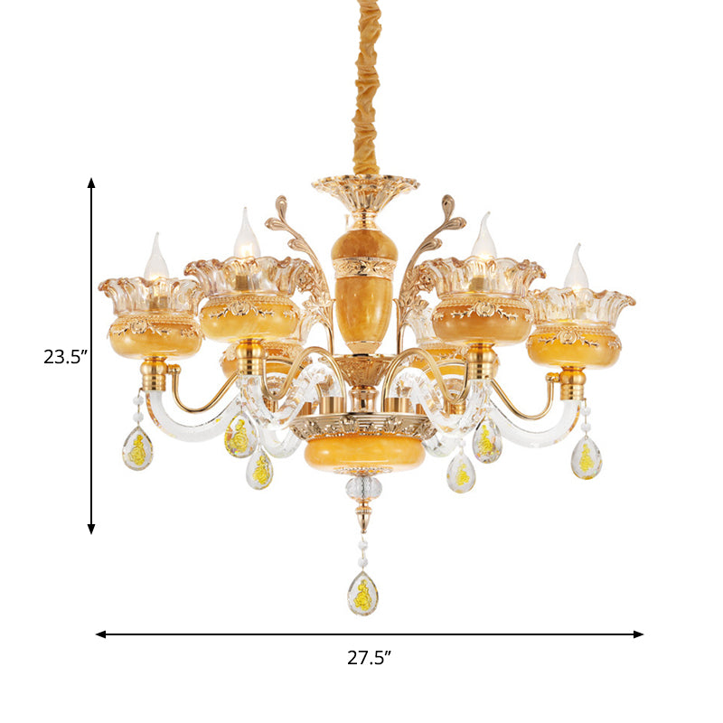 Candelabra Dinning Room Pendant Traditional Crystal Raindrops 6 Bulbs Yellow Chandelier Clearhalo 'Ceiling Lights' 'Chandeliers' Lighting' options 1290234