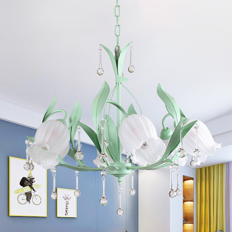 Pink/Blue/Green 6 Bulbs Chandelier Lamp Traditional Crystal Balls Floral Hanging Light Kit for Bedroom Green Clearhalo 'Ceiling Lights' 'Chandeliers' Lighting' options 1290239_1291b773-1a81-4d0b-9813-cc25ff91973e