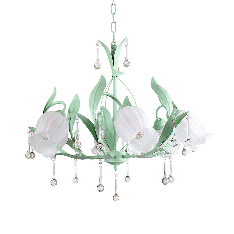 Pink/Blue/Green 6 Bulbs Chandelier Lamp Traditional Crystal Balls Floral Hanging Light Kit for Bedroom Clearhalo 'Ceiling Lights' 'Chandeliers' Lighting' options 1290241