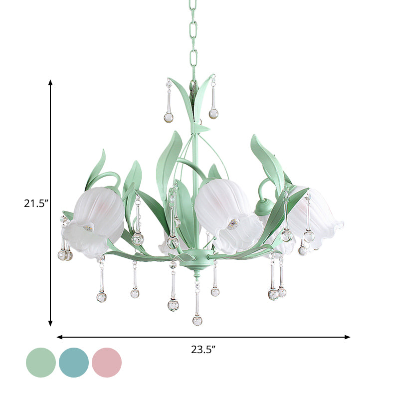 Pink/Blue/Green 6 Bulbs Chandelier Lamp Traditional Crystal Balls Floral Hanging Light Kit for Bedroom Clearhalo 'Ceiling Lights' 'Chandeliers' Lighting' options 1290242