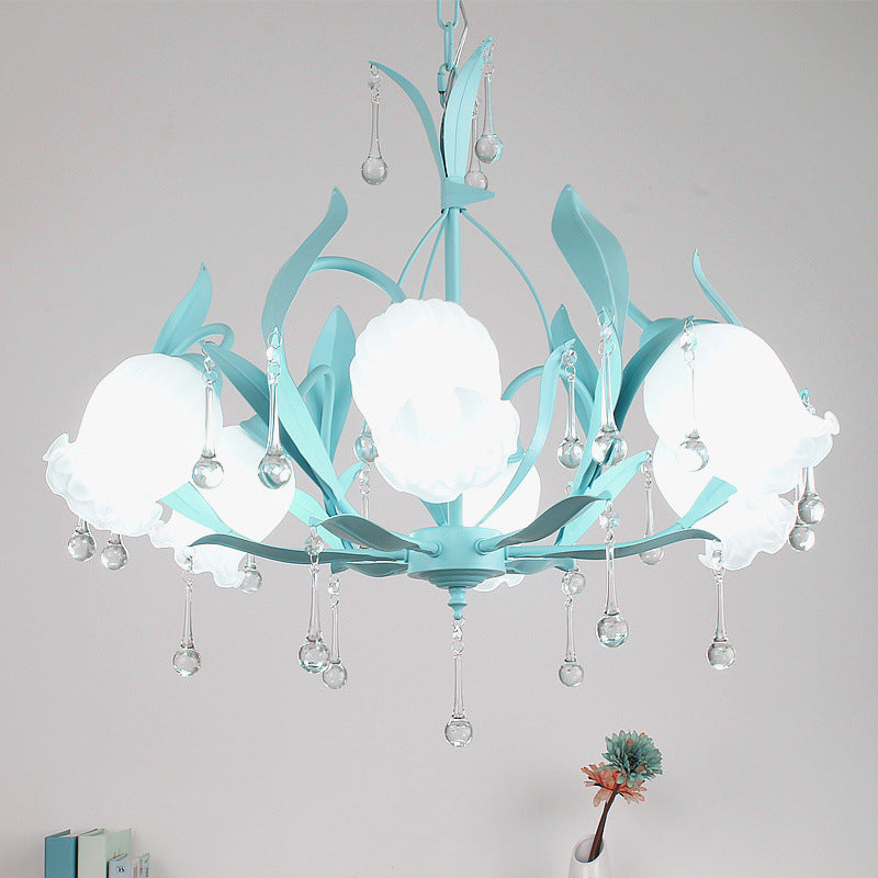 Pink/Blue/Green 6 Bulbs Chandelier Lamp Traditional Crystal Balls Floral Hanging Light Kit for Bedroom Blue Clearhalo 'Ceiling Lights' 'Chandeliers' Lighting' options 1290243_e114ad3b-b88a-4d4b-b21f-e0bf00fe66b0