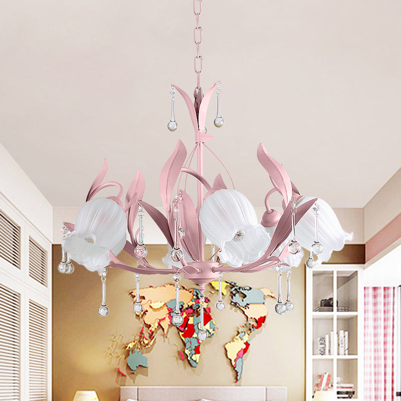 Pink/Blue/Green 6 Bulbs Chandelier Lamp Traditional Crystal Balls Floral Hanging Light Kit for Bedroom Clearhalo 'Ceiling Lights' 'Chandeliers' Lighting' options 1290248