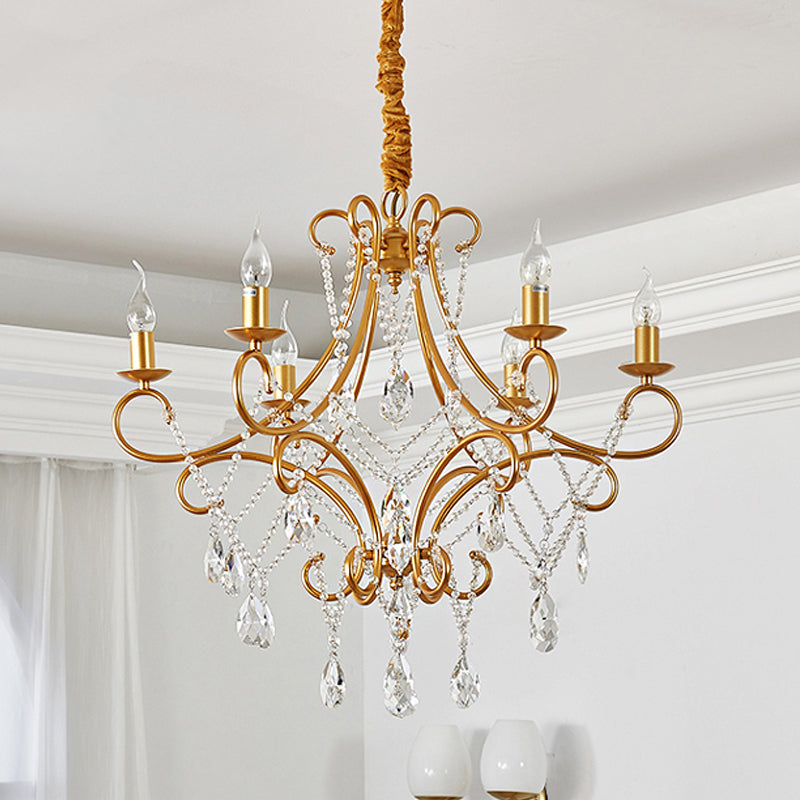 Crystal Stands Gold Suspension Lighting Raindrop 6 Heads Traditional Chandelier Light Fixture Clearhalo 'Ceiling Lights' 'Chandeliers' Lighting' options 1290251