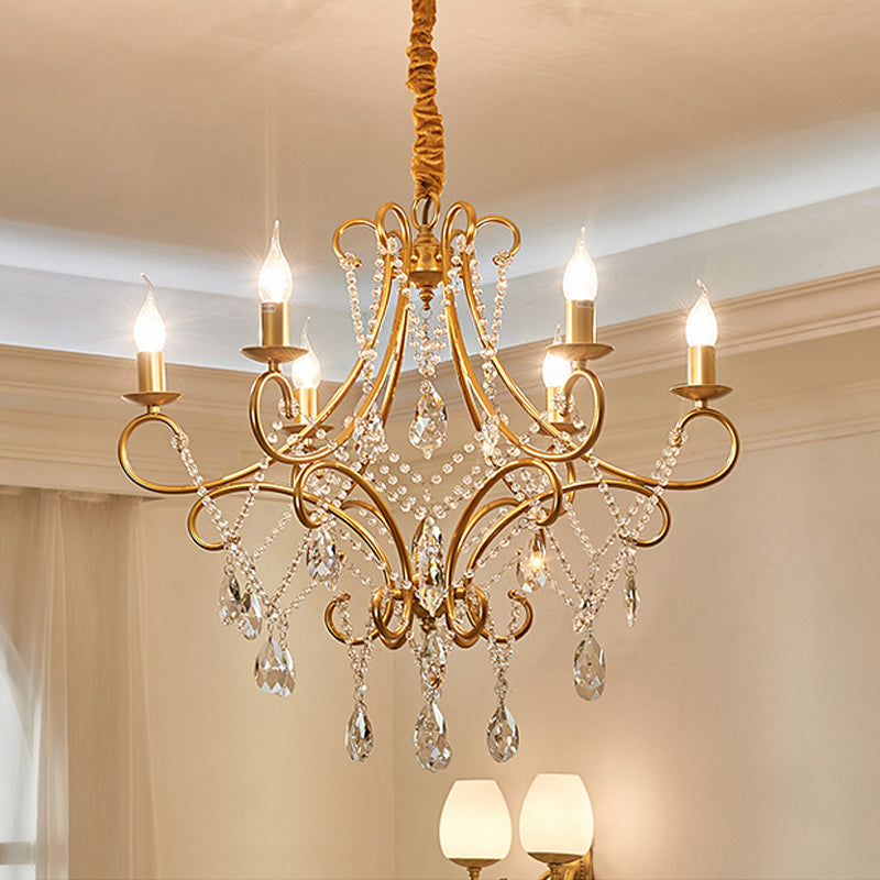 Crystal Stands Gold Suspension Lighting Raindrop 6 Heads Traditional Chandelier Light Fixture Clearhalo 'Ceiling Lights' 'Chandeliers' Lighting' options 1290252