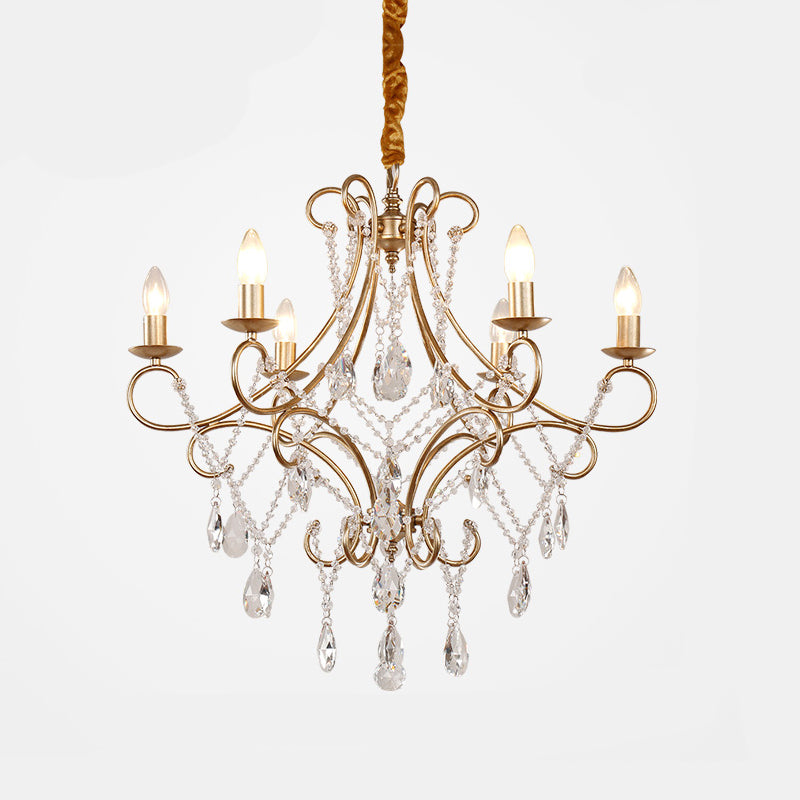 Crystal Stands Gold Suspension Lighting Raindrop 6 Heads Traditional Chandelier Light Fixture Clearhalo 'Ceiling Lights' 'Chandeliers' Lighting' options 1290253