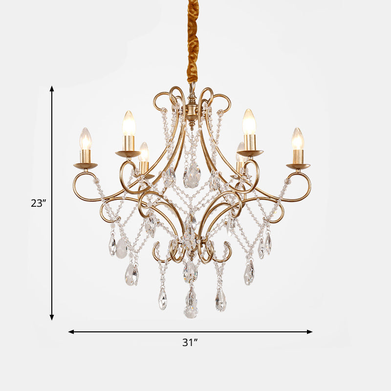 Crystal Stands Gold Suspension Lighting Raindrop 6 Heads Traditional Chandelier Light Fixture Clearhalo 'Ceiling Lights' 'Chandeliers' Lighting' options 1290254