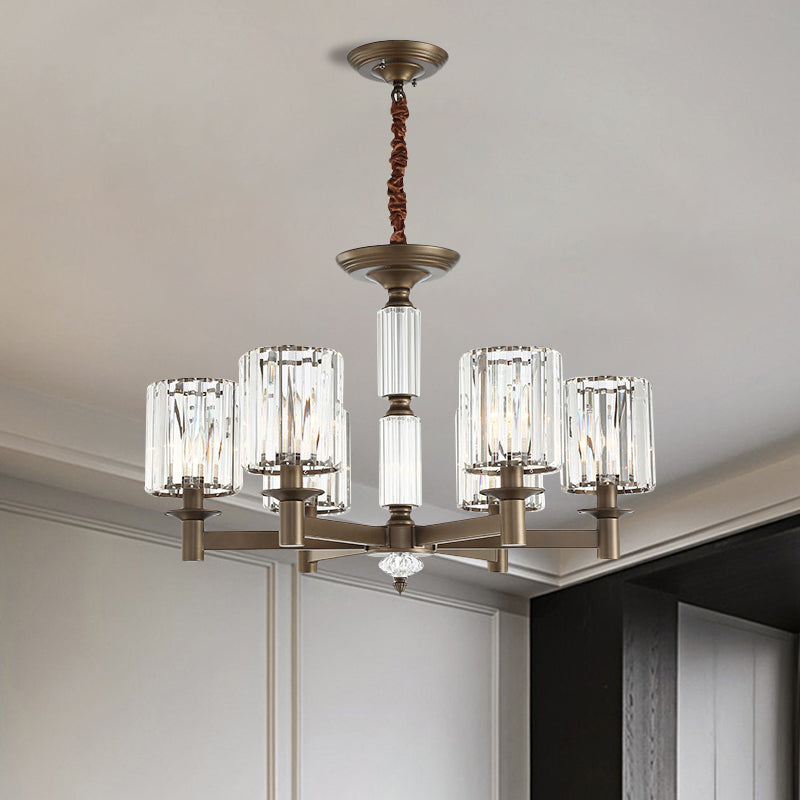 Traditional Cylindrical Pendant Light Fixture 6 Heads Crystal Hanging Chandelier in Brass Brass Clearhalo 'Ceiling Lights' 'Chandeliers' Lighting' options 1290259_ba5d981b-da63-4647-b911-694a44c7afae