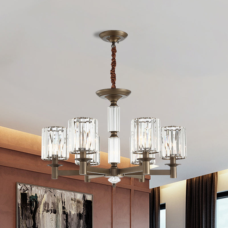 Traditional Cylindrical Pendant Light Fixture 6 Heads Crystal Hanging Chandelier in Brass Clearhalo 'Ceiling Lights' 'Chandeliers' Lighting' options 1290260