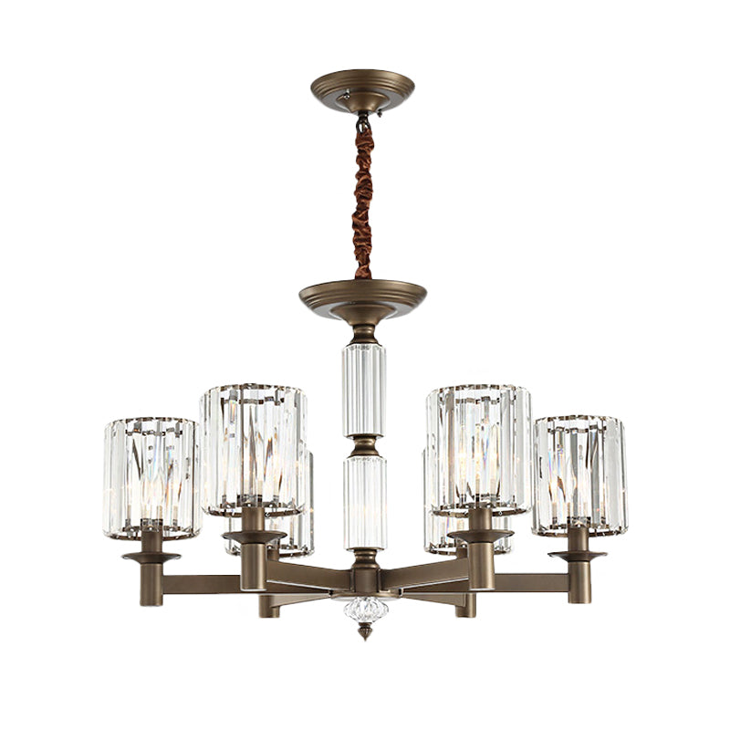 Traditional Cylindrical Pendant Light Fixture 6 Heads Crystal Hanging Chandelier in Brass Clearhalo 'Ceiling Lights' 'Chandeliers' Lighting' options 1290261