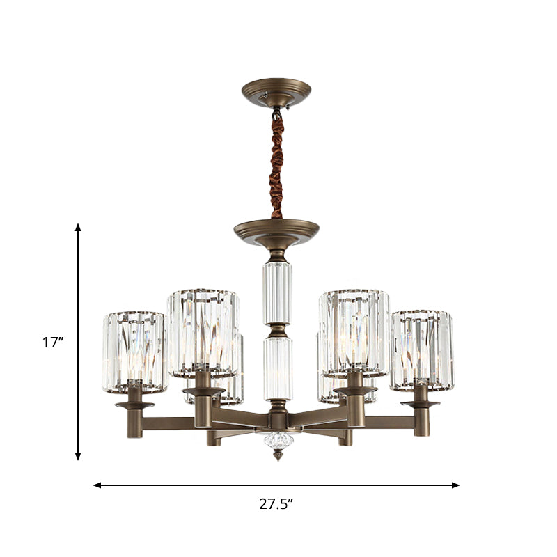 Traditional Cylindrical Pendant Light Fixture 6 Heads Crystal Hanging Chandelier in Brass Clearhalo 'Ceiling Lights' 'Chandeliers' Lighting' options 1290262