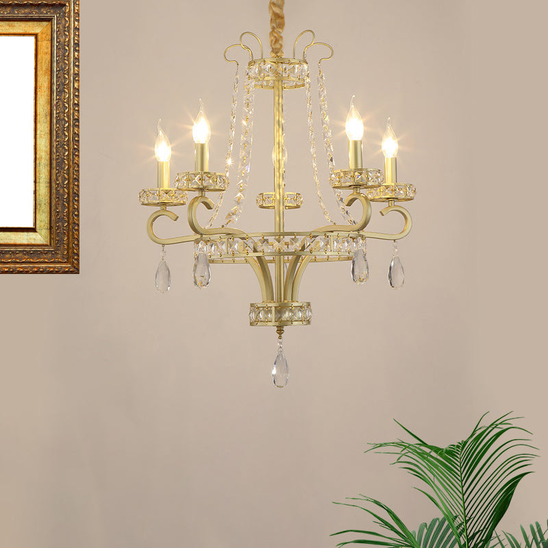 Candle Crystal Teardrops Chandelier Traditional 5 Bulbs Dinning Room Suspension Light in Gold Clearhalo 'Ceiling Lights' 'Chandeliers' Lighting' options 1290263