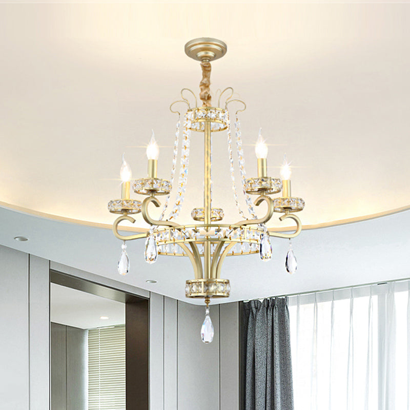 Candle Crystal Teardrops Chandelier Traditional 5 Bulbs Dinning Room Suspension Light in Gold Clearhalo 'Ceiling Lights' 'Chandeliers' Lighting' options 1290264