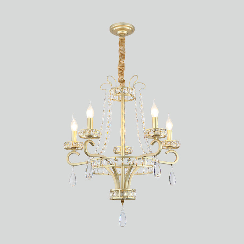 Candle Crystal Teardrops Chandelier Traditional 5 Bulbs Dinning Room Suspension Light in Gold Clearhalo 'Ceiling Lights' 'Chandeliers' Lighting' options 1290265