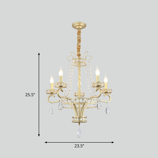 Candle Crystal Teardrops Chandelier Traditional 5 Bulbs Dinning Room Suspension Light in Gold Clearhalo 'Ceiling Lights' 'Chandeliers' Lighting' options 1290266