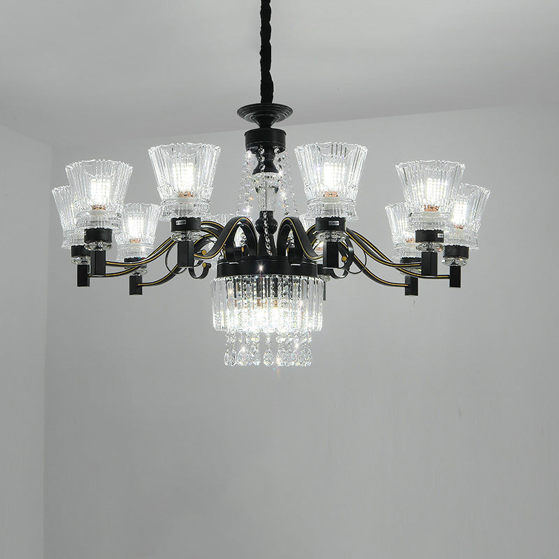 Black Tapered Hanging Ceiling Light Traditional Crystal Stands 13 Heads Great Room Chandelier Clearhalo 'Ceiling Lights' 'Chandeliers' Lighting' options 1290268