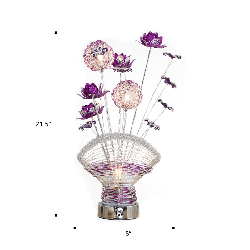 Fan-Shaped Aluminum Table Lighting Decorative LED Bedroom Desk Lamp with Rose and Dandelion Decor in Red/Purple Clearhalo 'Lamps' 'Table Lamps' Lighting' 1290332