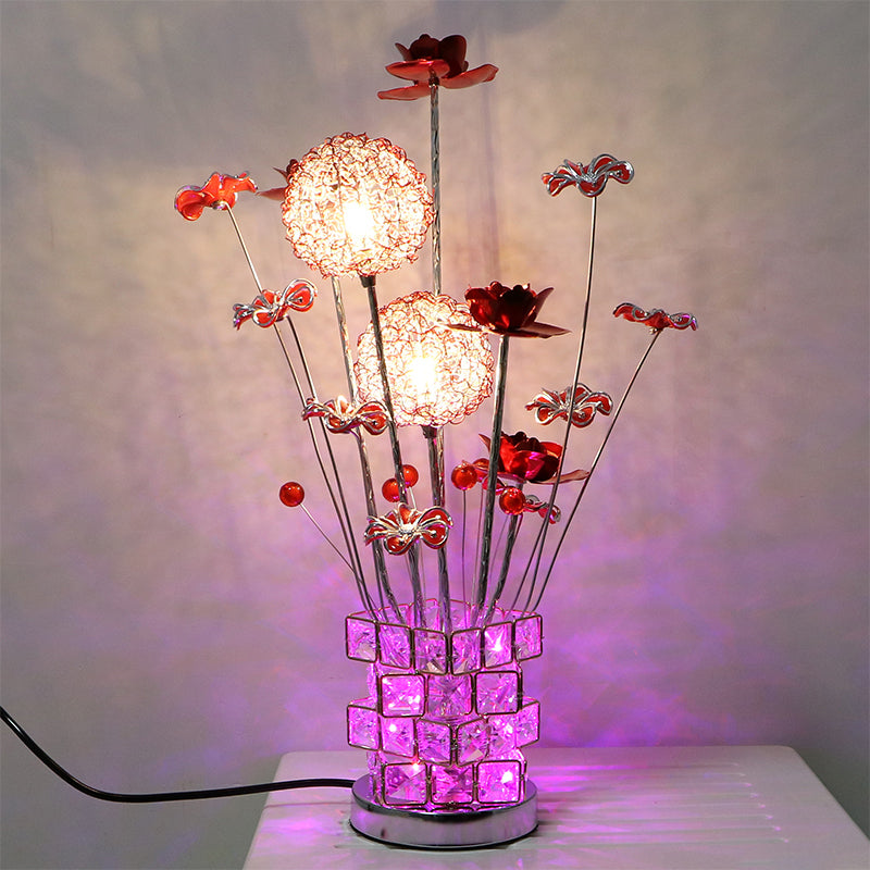Aluminum Rubik's Cube Desk Lamp Art Decor Drawing Room Crystal Embedded LED Night Table Light with Pink/Red Blossom Decor Red Clearhalo 'Lamps' 'Table Lamps' Lighting' 1290337