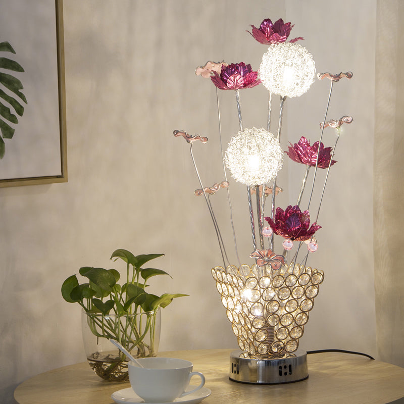 Art Decor Rose and Dandelion Night Light LED Ironic Desk Lighting with Inserted Crystal Vase in Gold Clearhalo 'Lamps' 'Table Lamps' Lighting' 1290363