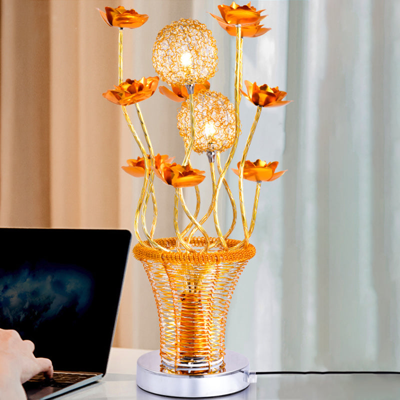 Basket-Like Aluminum Desk Light Art Decor Bedside LED Vine Night Table Lamp with Blossom and Orb Decor in Gold/Silver Clearhalo 'Lamps' 'Table Lamps' Lighting' 1290376